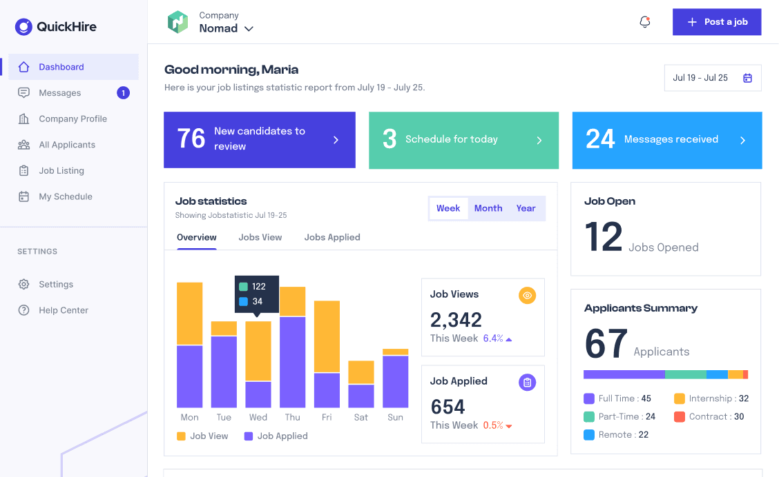 QuickHire dashboard